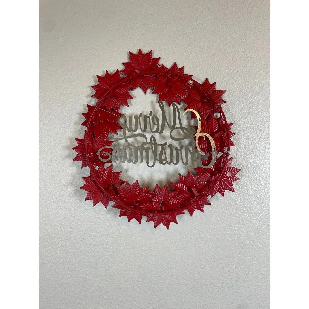 Metal Poinsettia Wreath Merry Christmas Wall Decor Red Green‎ Silver